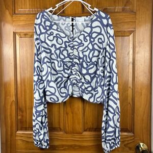 Every Women XL Blue White Abstract Swirl Ruched Linen Blend Crop Top Coastal